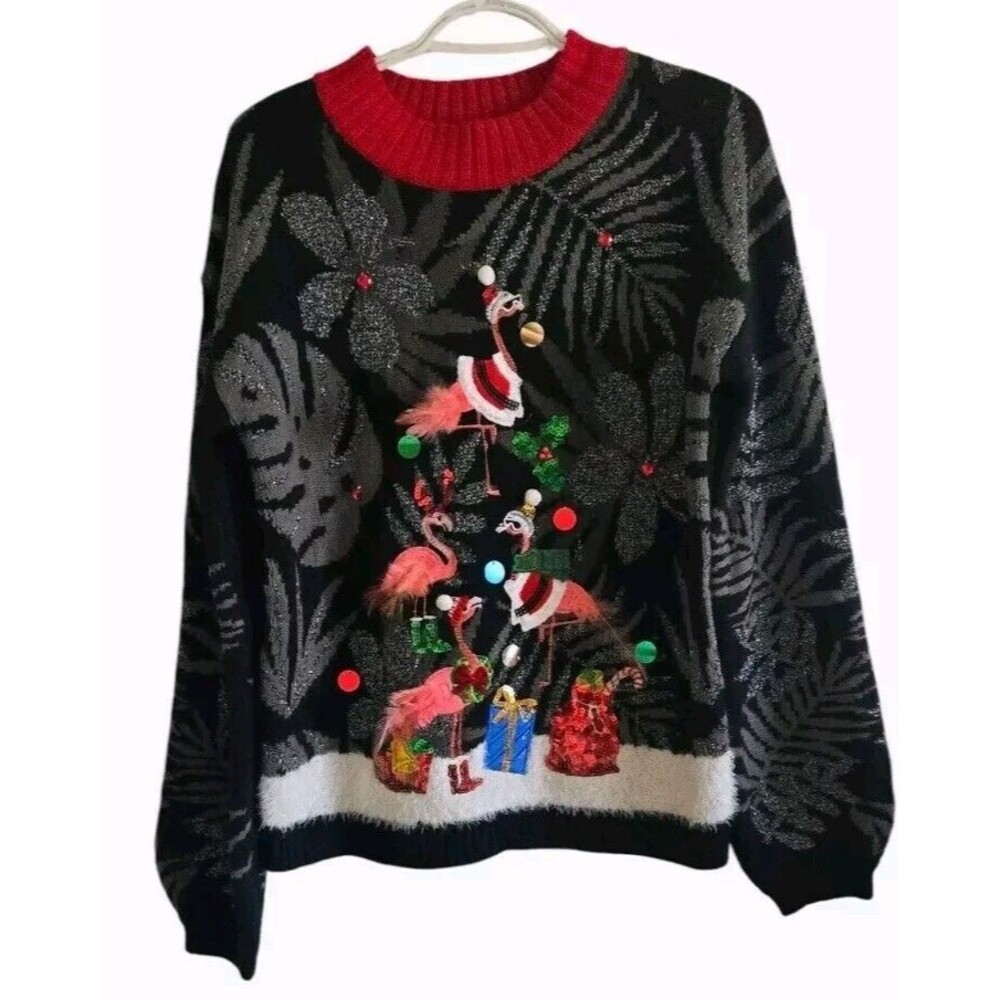 33 degrees Ugly Christmas Sweater Flamingos Embellished Sequins Feathers XS